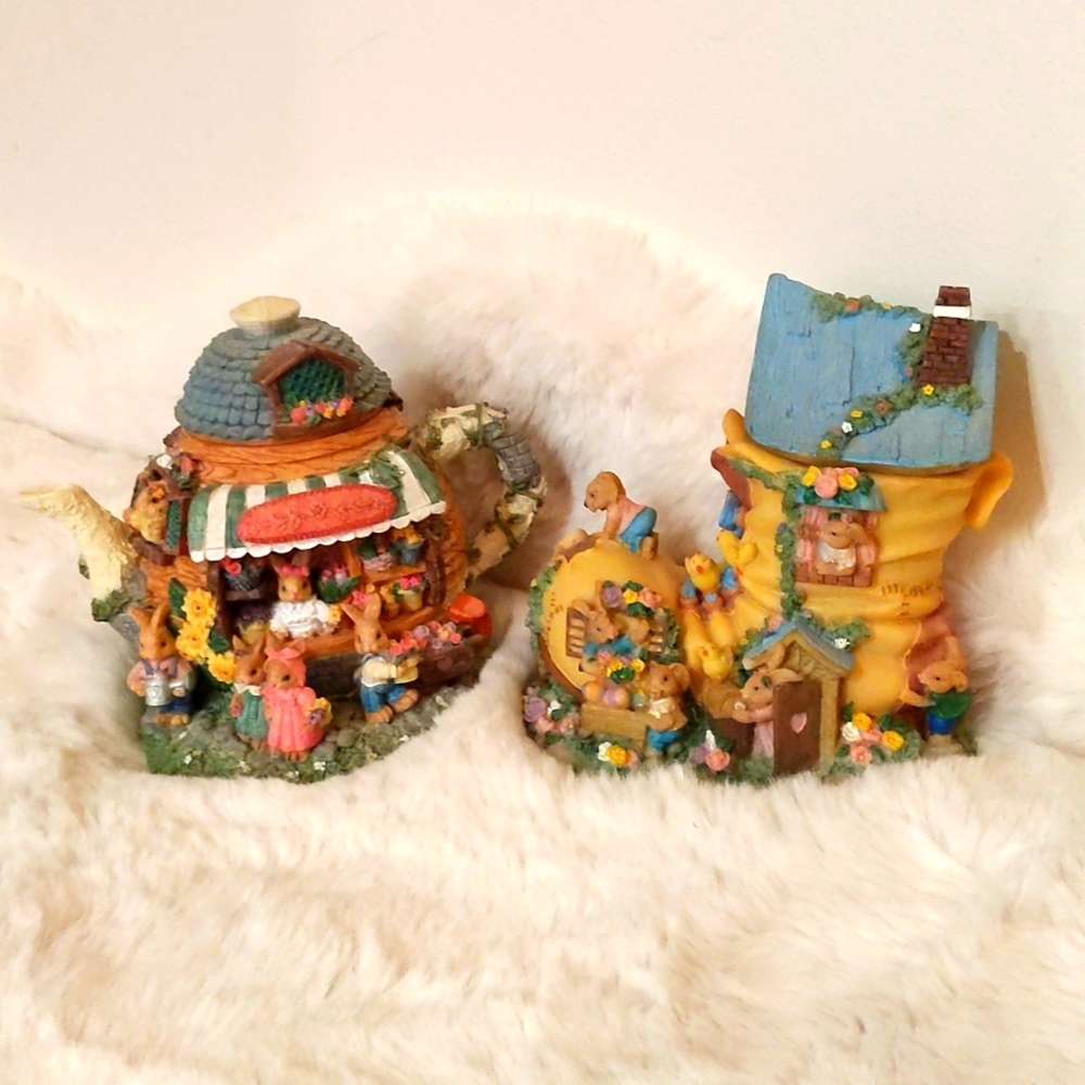 Vintage Ceramic Piggybank Rabbits Old woman who lives in a Shoe and Teapot House